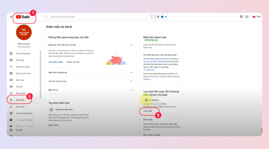 Cách thay đổi tài khoản Adsense cho kênh YouTube